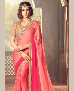 Pink Crepe Chiffon Zari, Thread Embroidered Bordered, Stone Work Designer Sarees
