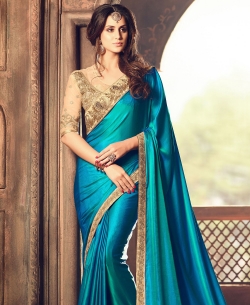 Blue Crepe Silk Zari, Thread Embroidered Bordered, Stone Work Designer Sarees