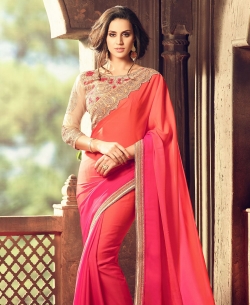 Pink Crepe Chiffon Zari, Thread Embroidered Bordered, Stone Work Designer Sarees