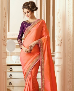 Orange Silk Zari, Resham Embroidered, Stone Work, Lace Border Border Sarees