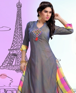 Grey Chanderi Checks Plain A Line Kurtis