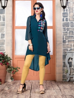 Teal Green Fox Georgette Printed Anarkali Kurtis