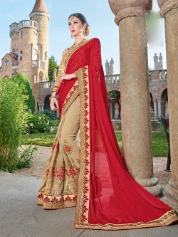 Red  Georgette Lace Border Half And Half Sarees