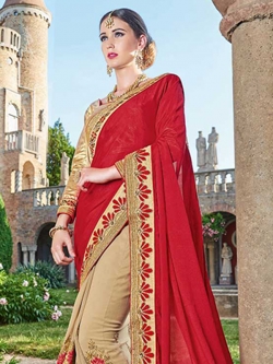 Red  Georgette Lace Border Half And Half Sarees