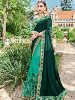 Green  Georgette Lace Border Half And Half Sarees