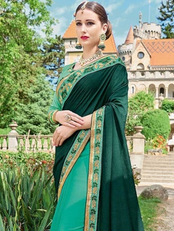 Green  Georgette Lace Border Half And Half Sarees