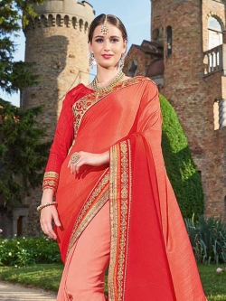 Shaded Red  Georgette Lace Border Half And Half Sarees