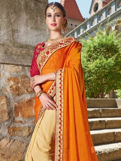Orange  Georgette Lace Border Half And Half Sarees
