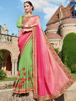 Shaded Pink  Georgette Lace Border Half And Half Sarees