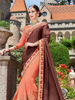 Brown Georgette Lace Border Half And Half Sarees