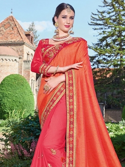 Orange  Georgette Lace Border Half And Half Sarees