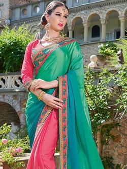 Turquoise  Georgette Lace Border Half And Half Sarees