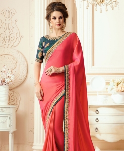 Peach Satin Zari, Resham Embroidered, Stone Work, Lace Border Border Sarees