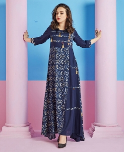 Navy Blue Heavy Rayon Printed Anarkali Kurtis