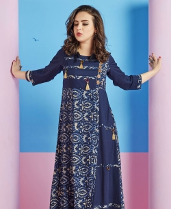 Navy Blue Heavy Rayon Printed Anarkali Kurtis