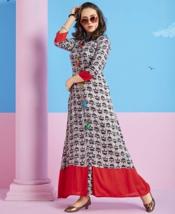 Grey & Red Heavy Rayon Printed Anarkali Kurtis