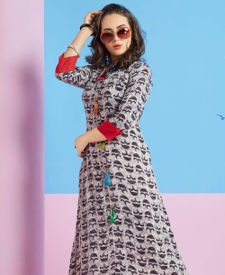 Grey & Red Heavy Rayon Printed Anarkali Kurtis