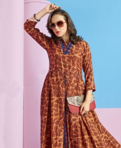 Coffee Heavy Rayon Printed Anarkali Kurtis