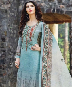 Blue Chanderi Embroidery Straight Pant Suits