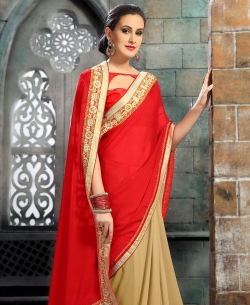 Red And Beige Chiffon, Georgette Zari, Resham Embroidered, Lace Border Half And Half Sarees