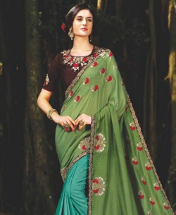 Green Chiffon Thread Embroidery Half And Half Sarees
