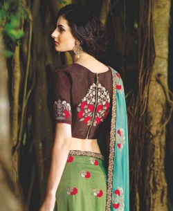 Green Chiffon Thread Embroidery Half And Half Sarees