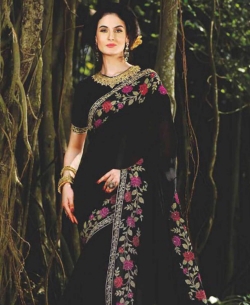 Black Georgette Thread Zari Border Sarees