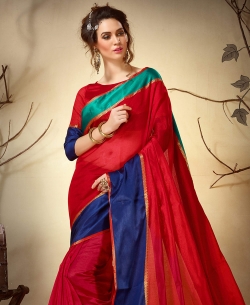 Red Khadi Silk Border Work Cotton Sarees