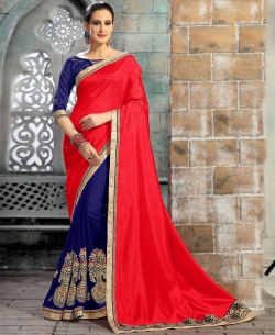 Red And Blue Art Silk, Georgette Zari, Resham Embroidered, Lace Border Half And Half Sarees