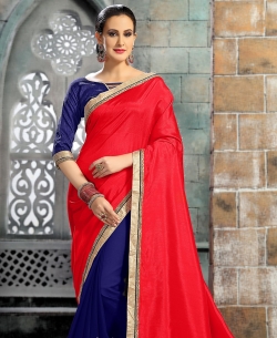 Red And Blue Art Silk, Georgette Zari, Resham Embroidered, Lace Border Half And Half Sarees