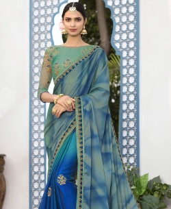 Royal Blue Crepe Embroidery Half And Half Sarees