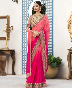 Peach Chiffon Embroidery Border Sarees