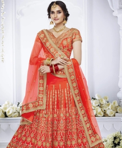 Orange Tafetta Zari Embroidery Lehenga Sarees