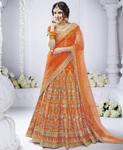 Orange Bhagalpuri Zari Embroidery Lehenga Sarees
