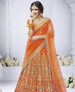 Orange Bhagalpuri Zari Embroidery Lehenga Sarees