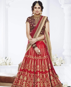 Red Printed Dhupion Zari Embroidery Lehenga Sarees