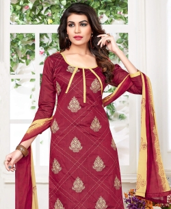 Maroon Cotton Floral Design Straight Pant Suits