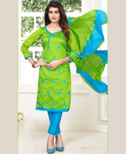 Green Cotton Floral Design Straight Pant Suits