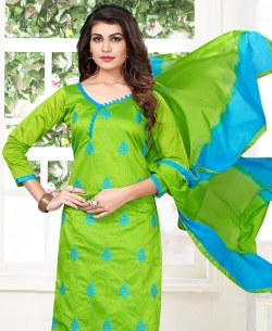 Green Cotton Floral Design Straight Pant Suits