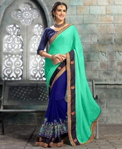 Green And Blue Chiffon, Georgette Zari, Resham Embroidered, Lace Border Half And Half Sarees