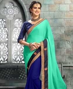 Green And Blue Chiffon, Georgette Zari, Resham Embroidered, Lace Border Half And Half Sarees