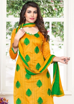 Yellow Cotton Floral Design Straight Pant Suits