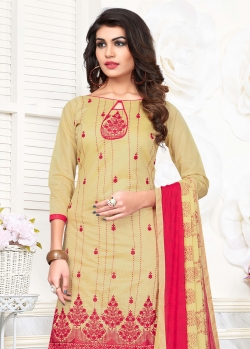 Beige Cotton Floral Design Chudidhar Suits