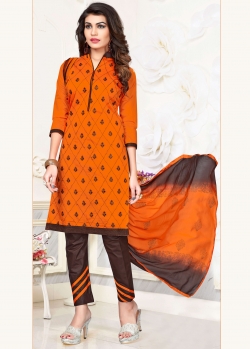 Orange Cotton Floral Design Straight Pant Suits