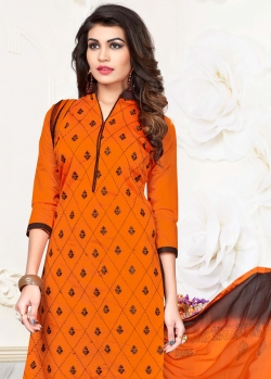 Orange Cotton Floral Design Straight Pant Suits