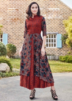 Maroon Rayon Ethnic Printed Anarkali Kurtis