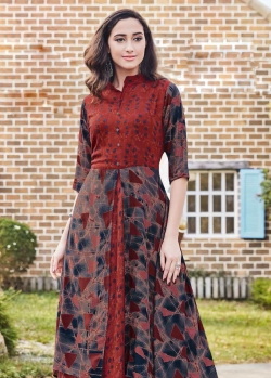 Maroon Rayon Ethnic Printed Anarkali Kurtis