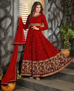 Red Georgette Thread, Zari Embroidered, Lace Border Anarkali Suits