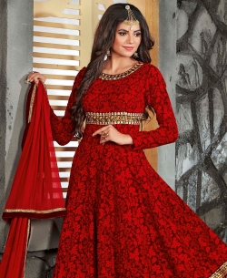 Red Georgette Thread, Zari Embroidered, Lace Border Anarkali Suits