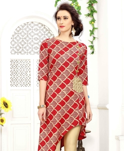 Red Rayon Printed Anarkali Kurtis